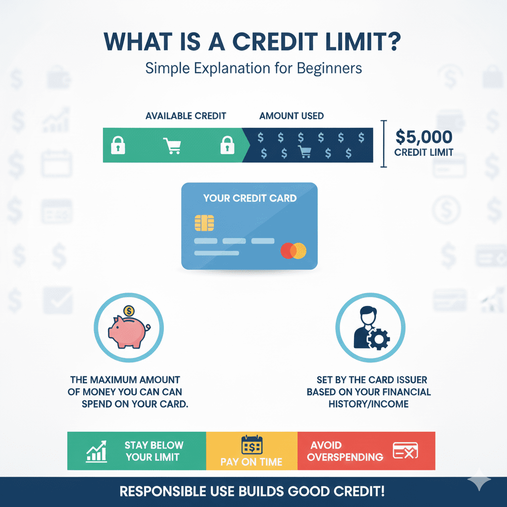 An infographic explaining a credit limit as the maximum amount spendable on a card. It shows a bar divided into "Available Credit" and "Amount Used" against a $5,000 limit, with tips to stay below the limit and pay on time.