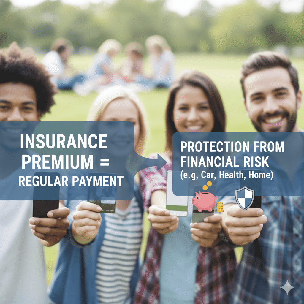 Alt Text: Diverse group of people holding cards with text explaining that an insurance premium is a regular payment for financial risk protection.
