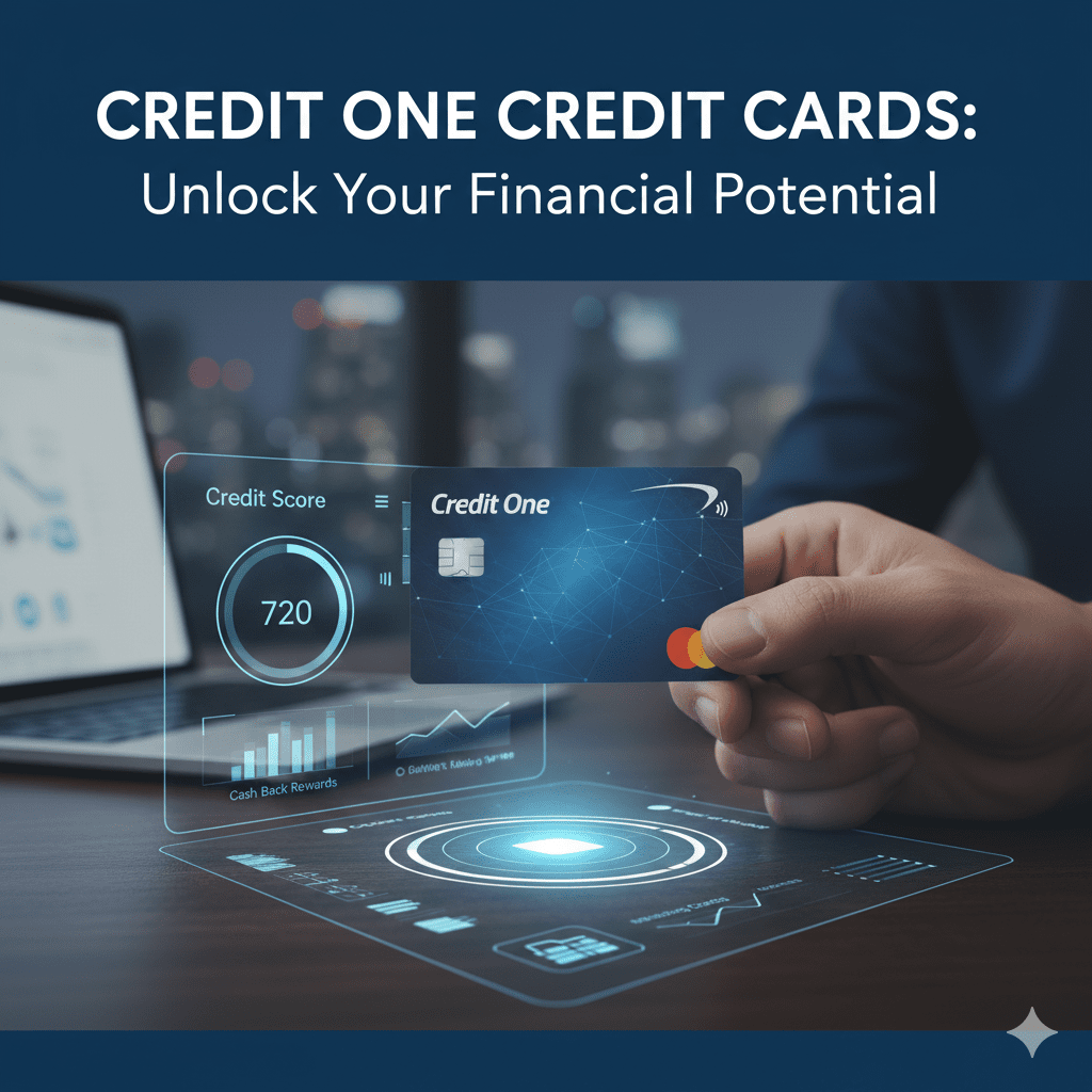 Hand holding a Credit One credit card over a digital interface showing a 720 credit score, cash back rewards, and financial data.