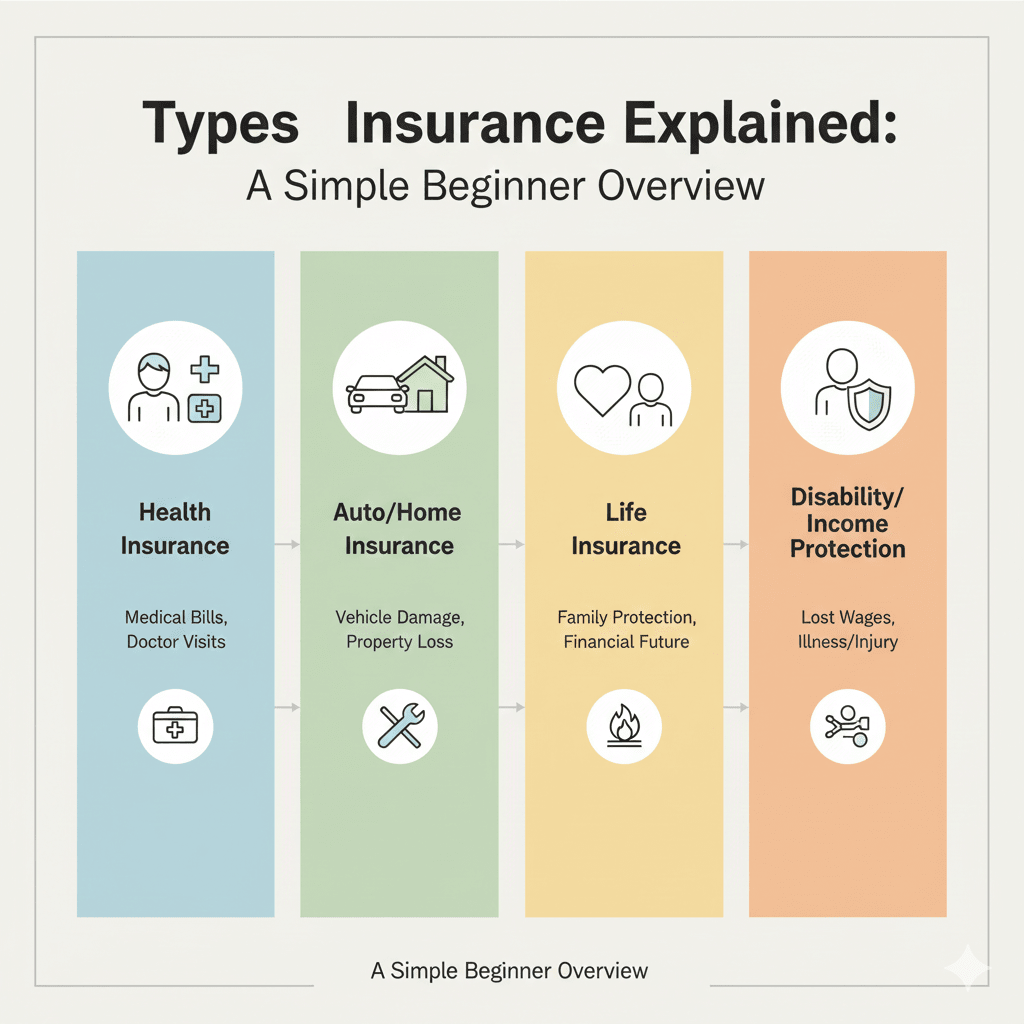 An infographic titled "Types of Insurance Explained" showing four vertical columns for Health, Auto/Home, Life, and Disability insurance.