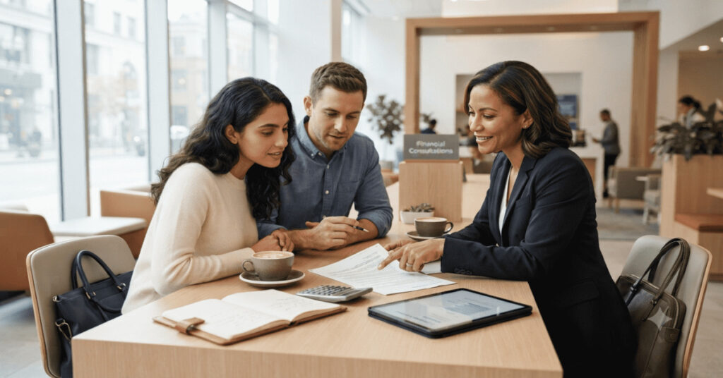 A couple reviews loan documents with a financial advisor to understand how loans work and repayment terms.
