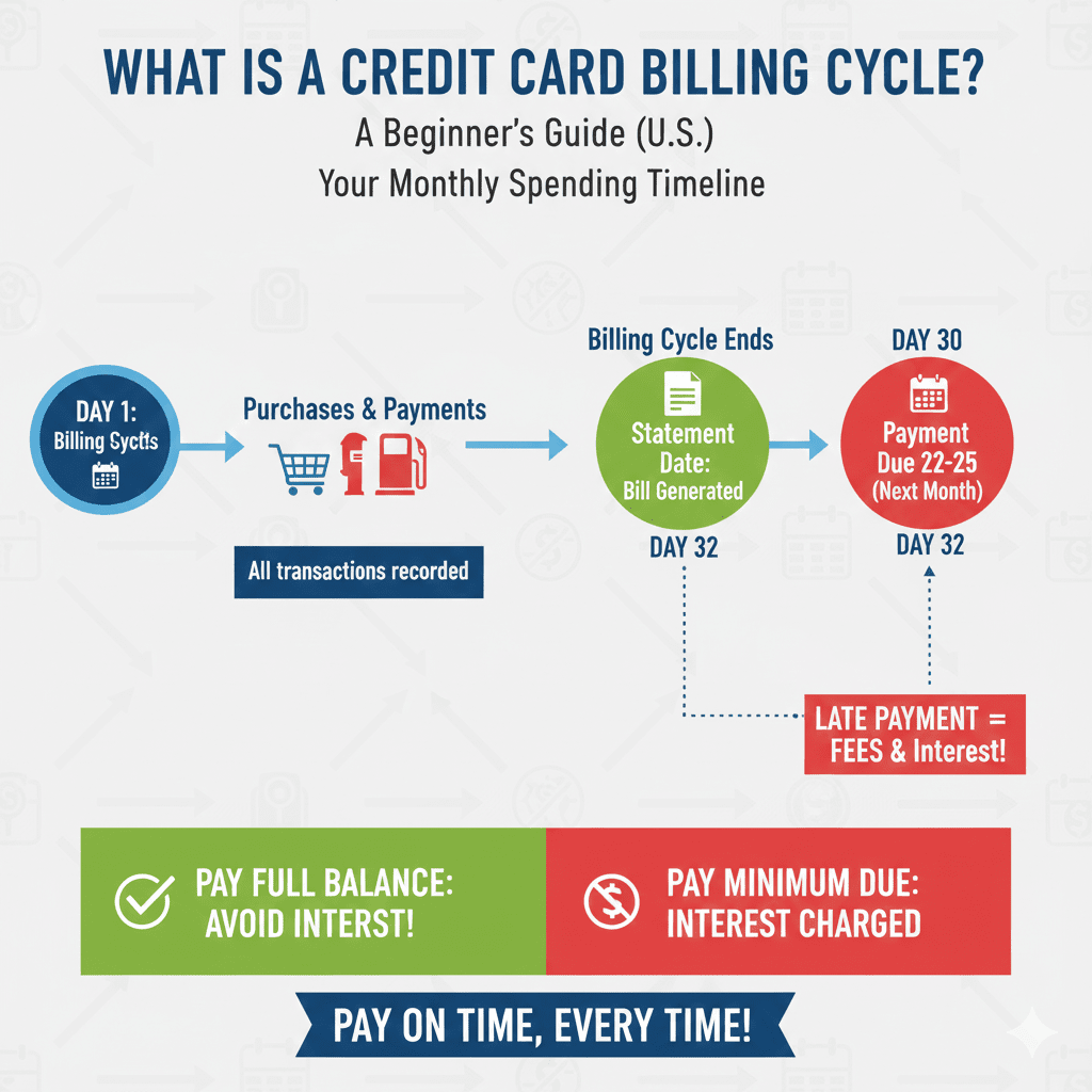 A timeline infographic showing the 30-day credit card billing cycle. It starts at Day 1 with purchases, ends with a statement on Day 32, and shows a payment due date 21-25 days later. It highlights that paying the full balance avoids interest.