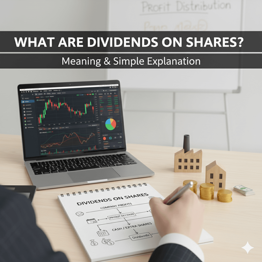 A notebook showing a "Dividends" flowchart with a "Company Profit" box pointing to "Shareholders" and "Cash Payout," next to a laptop displaying a dividend growth chart.