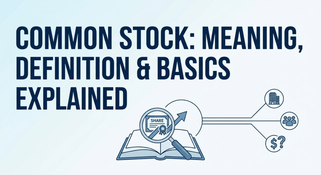 A financial graphic showing an open book, a magnifying glass inspecting a stock share certificate, and an upward growth arrow.