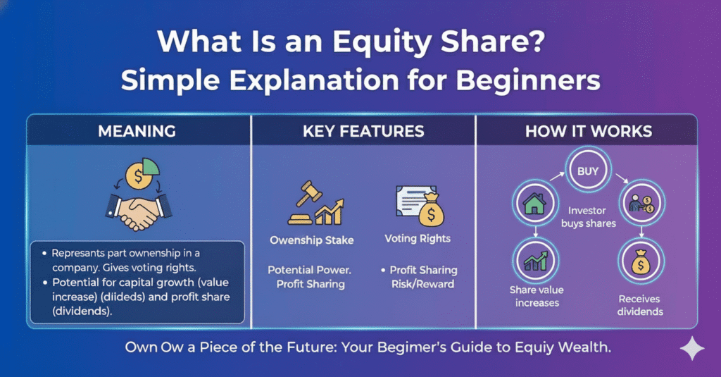An educational graphic explaining Equity Shares, highlighting key features like voting rights and ownership stakes, along with a "How It Works" cycle for investors.