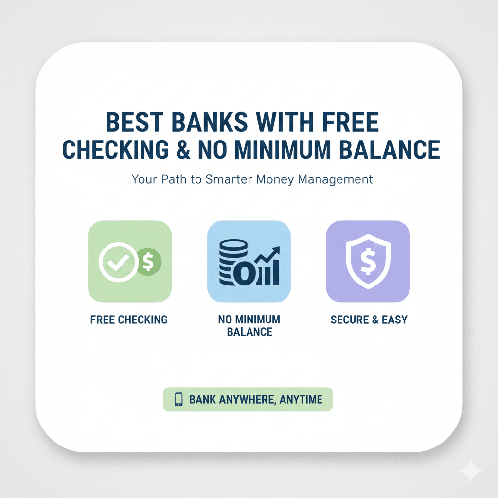 Graphic showing three icons representing free checking, no minimum balance, and secure banking for smarter money management.