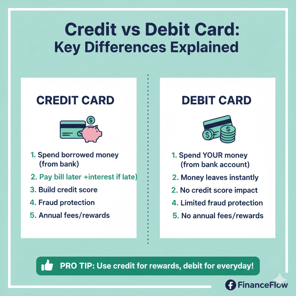 A split-screen infographic titled "Credit Card vs. Debit Card." On the left side (Debit), a blue card is linked to a "Savings Account" icon with the text "Spend what you have." On the right side (Credit), a gold card is linked to a "Bank Loan" icon with the text "Borrow and pay later." Small icons below compare features: Debit shows "No interest" and "Direct deduction," while Credit shows "Builds credit score" and "Earns rewards."
