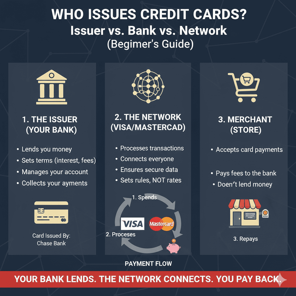 A side-by-side comparison chart. The "Issuer" (the Bank) is shown on the left, responsible for lending money, setting interest rates, and customer service. The "Network" (Visa/Mastercard) is shown on the right, responsible for payment processing and global acceptance.