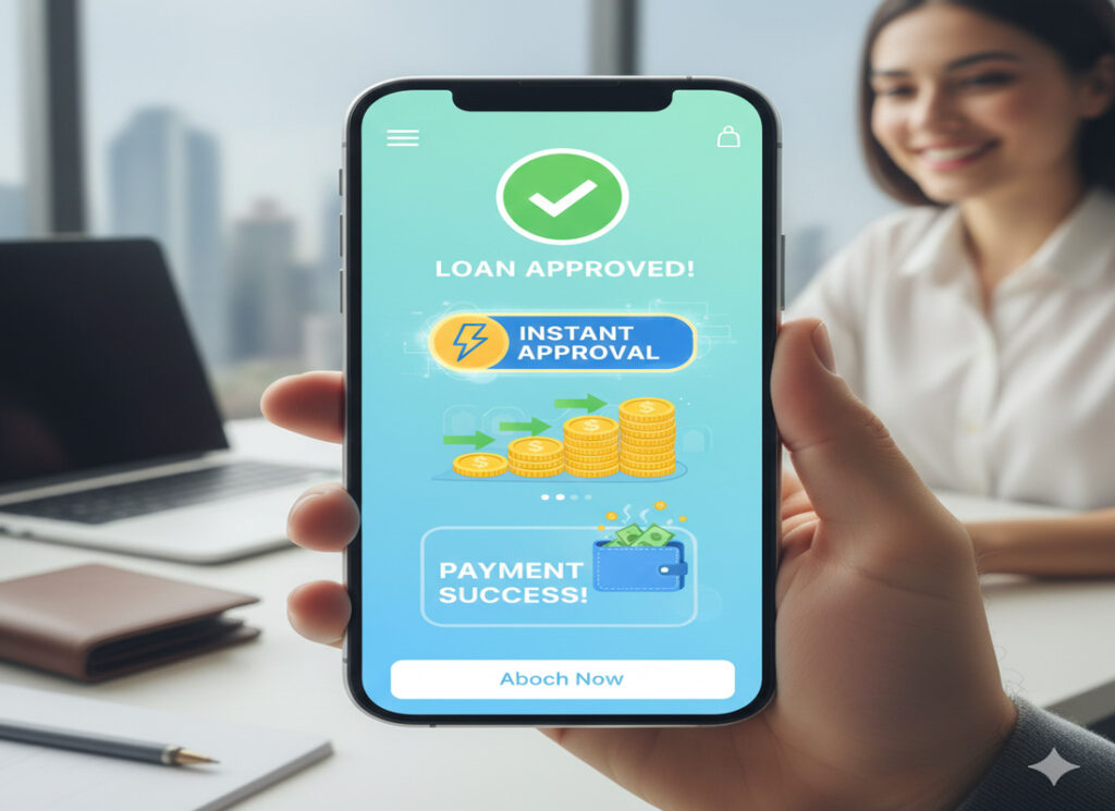 Hand holding a smartphone displaying a bright "Loan Approved!" screen with an "Instant Approval" badge and dollar coins, symbolizing quick, successful funding