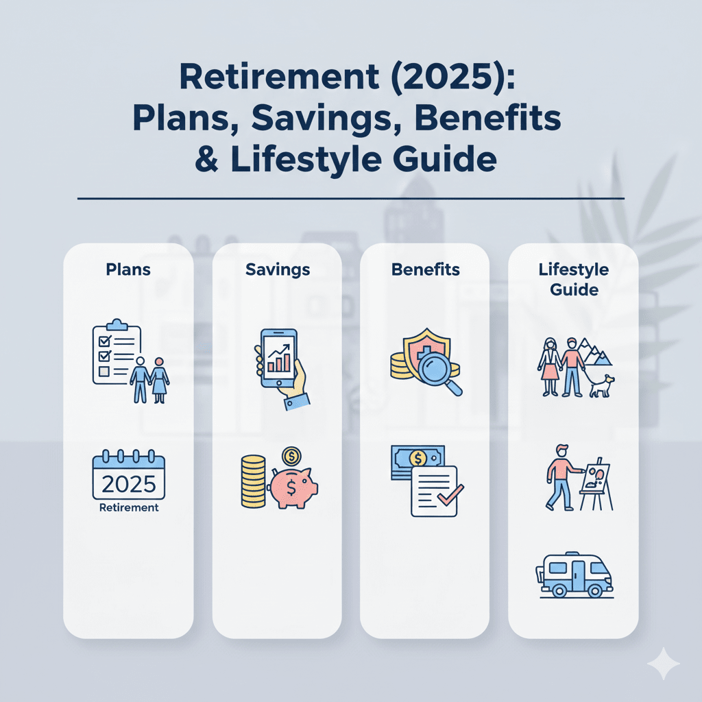 Retirement 2025 guide showing plans, savings, benefits, and lifestyle options with icons.