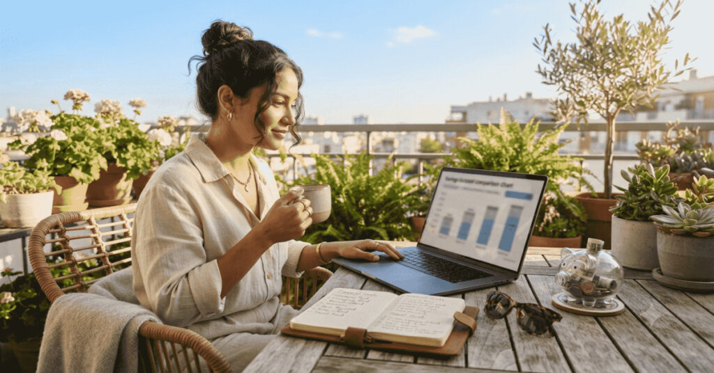 Young professional comparing high-yield savings accounts on a laptop while planning financial goals on a sunny apartment balcony.