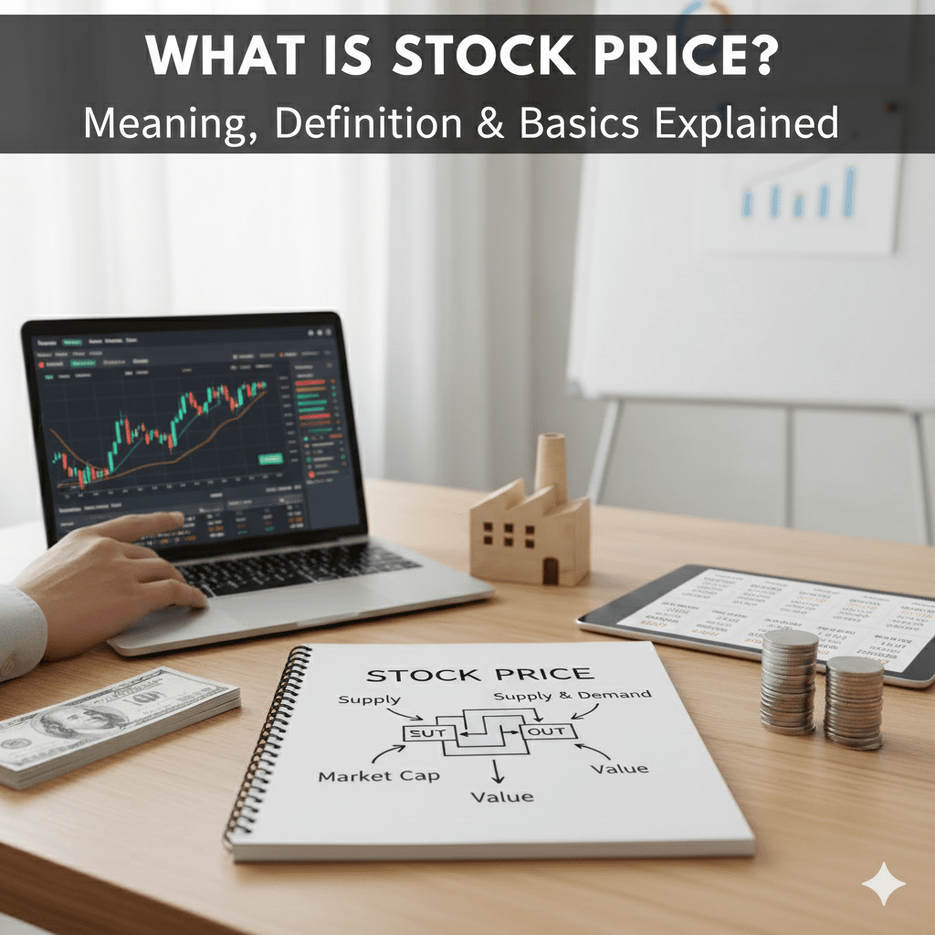 A notepad with a "Stock Price" diagram showing Supply, Demand, and Market Cap next to a laptop with a live trading candlestick chart.