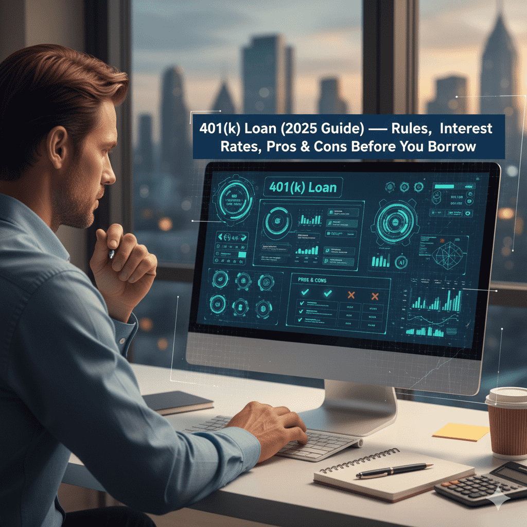 Man reviewing 401k loan rules and interest rates on computer dashboard in 2025 financial planning office
