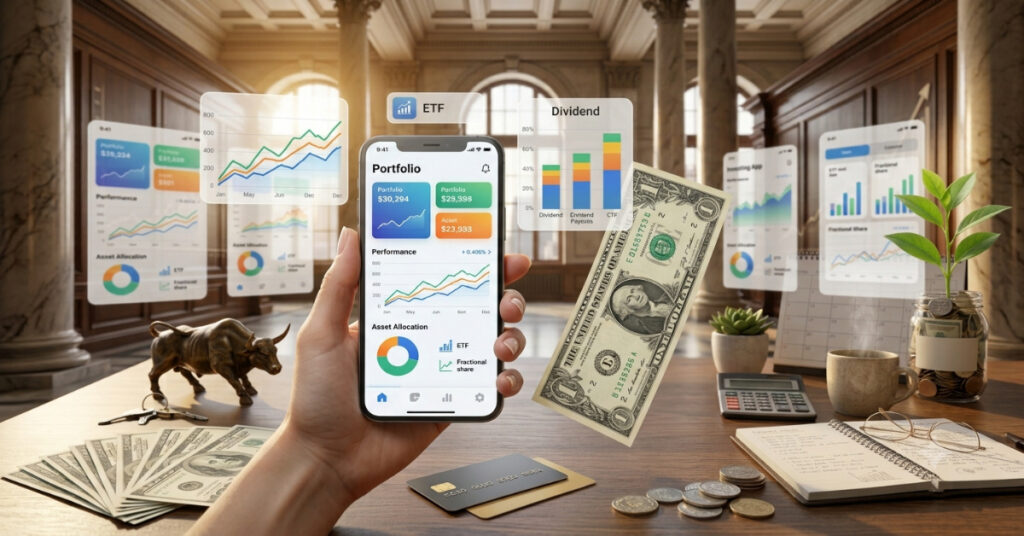 Multiple smartphones displaying generic investment app interfaces in a premium comparison setup, representing the best commission-free investing apps for beginners.
