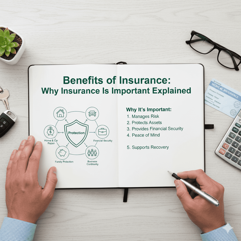 A notebook page titled "Benefits of Insurance" detailing financial security, peace of mind, and risk transfer.