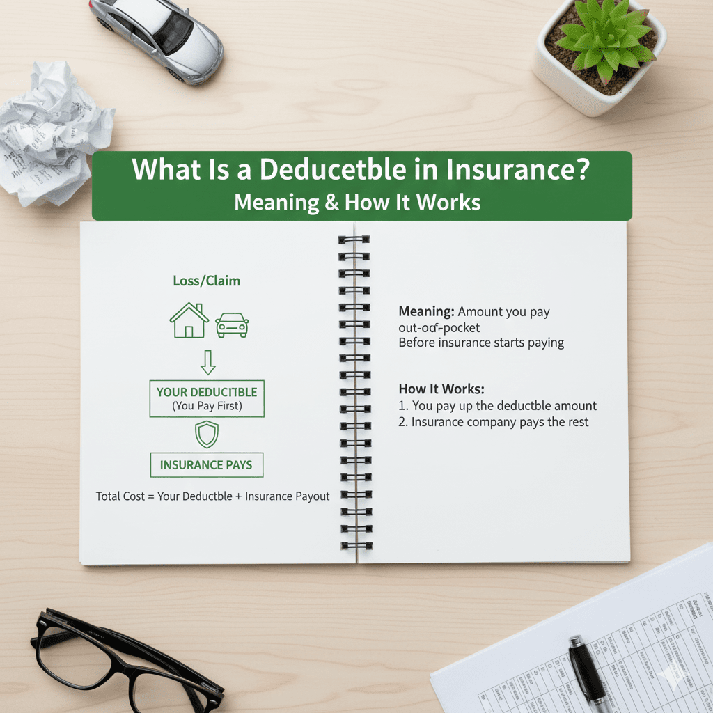 A notebook diagram showing that a deductible is the "you pay first" portion of a claim before insurance pays.