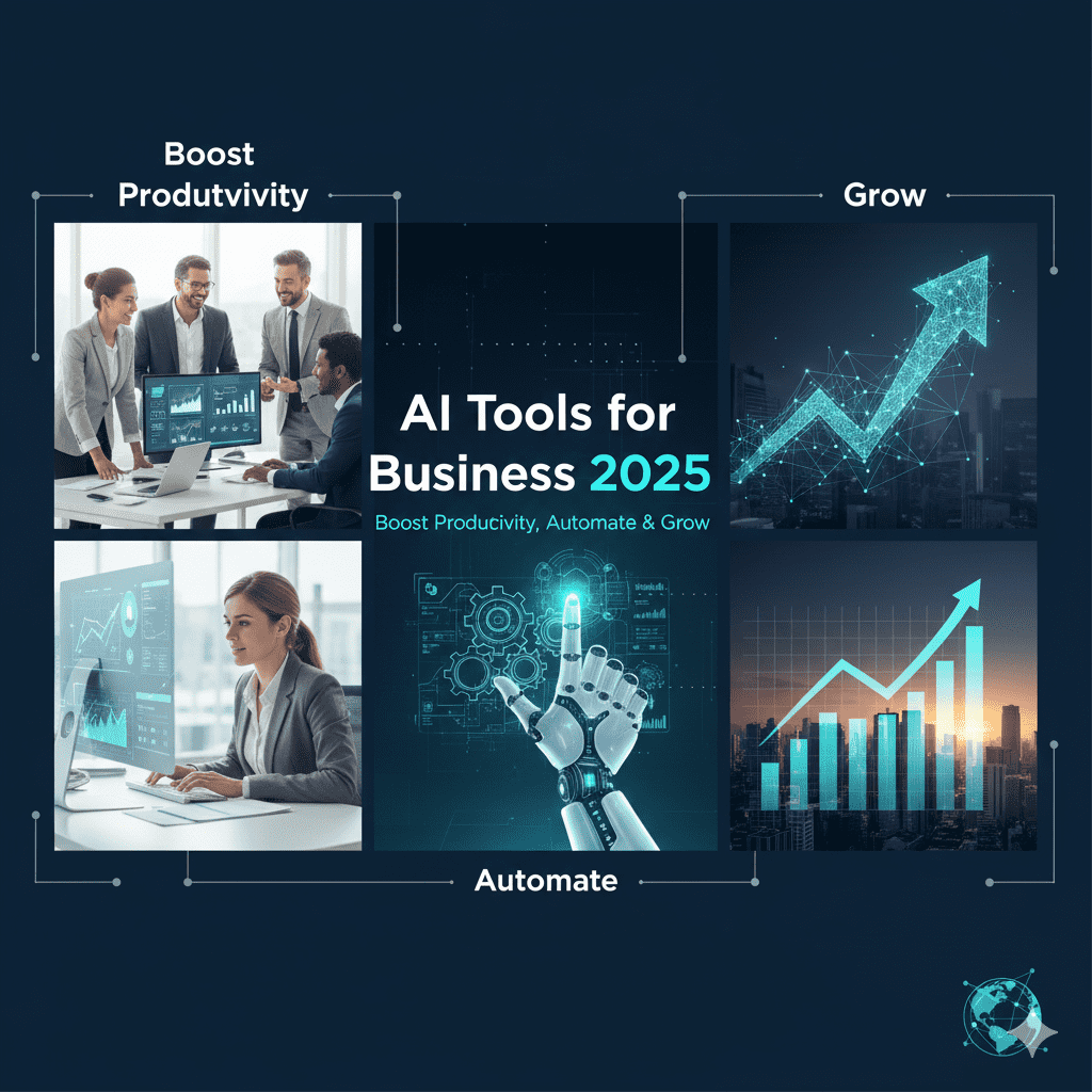 AI tools for business 2025 concept showing automation, productivity, and business growth with charts, professionals, and AI technology.