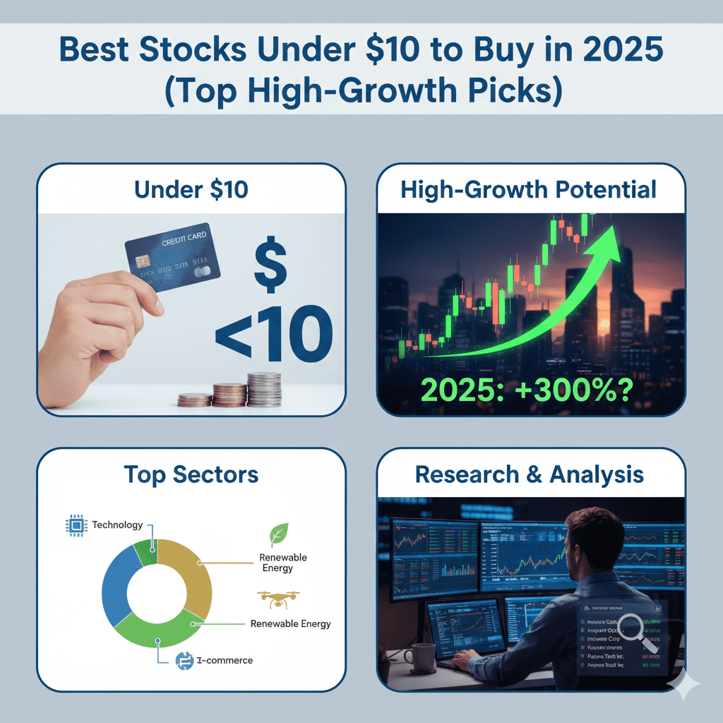Best stocks under $10 to buy in 2025 infographic showing high-growth potential, top sectors, and investment research