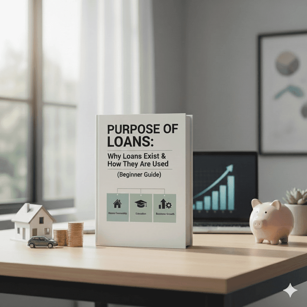 A notebook titled "Types of Loans Explained" showcasing categories like Personal, Mortgage, and Auto loans on a wooden desk.