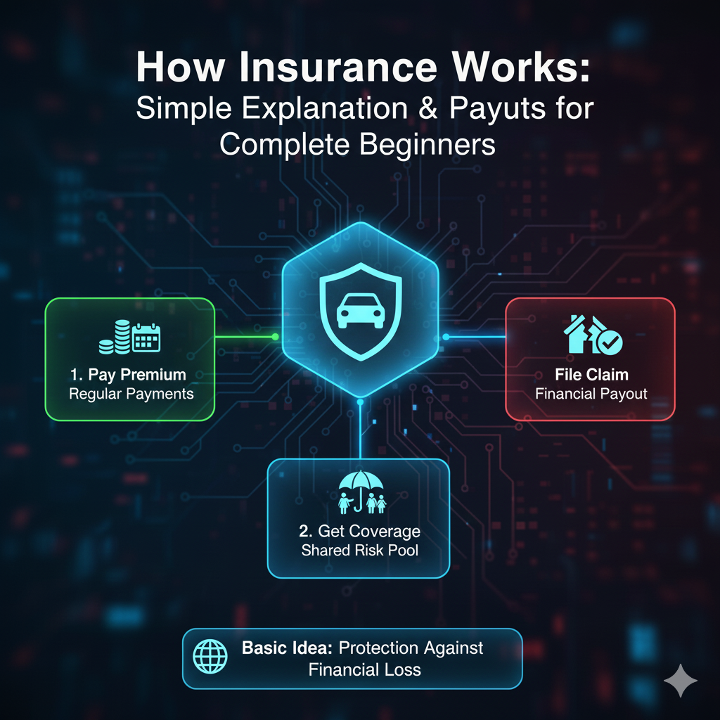 A flowchart showing the insurance process: paying premiums, getting coverage, and filing claims for financial payouts.