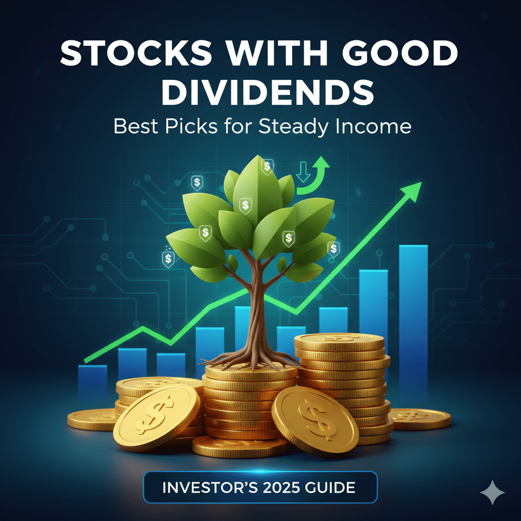 Stocks with Good Dividends 2025, growing income tree on coins with rising stock chart
