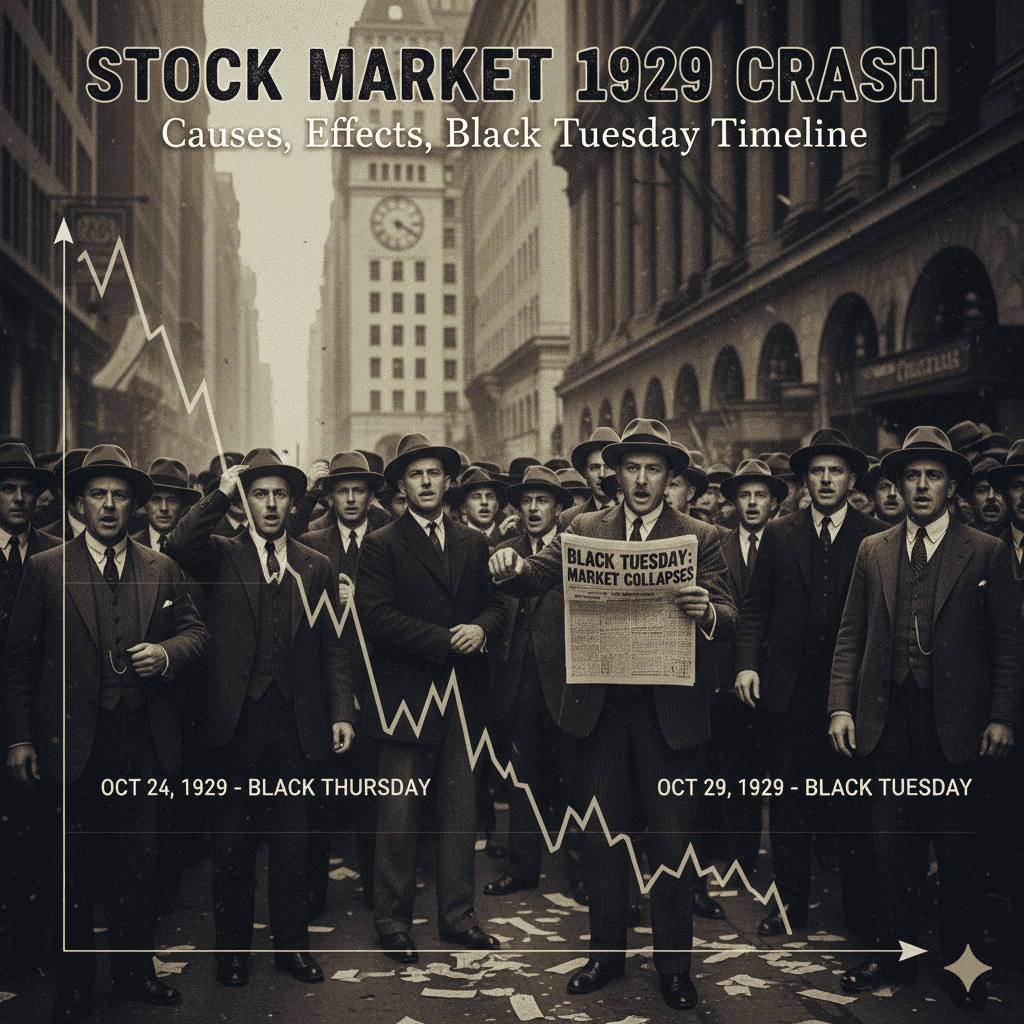 Historic photo of crowds outside Wall Street during the Stock Market 1929 Crash, with a falling stock chart and Black Tuesday newspaper headline.