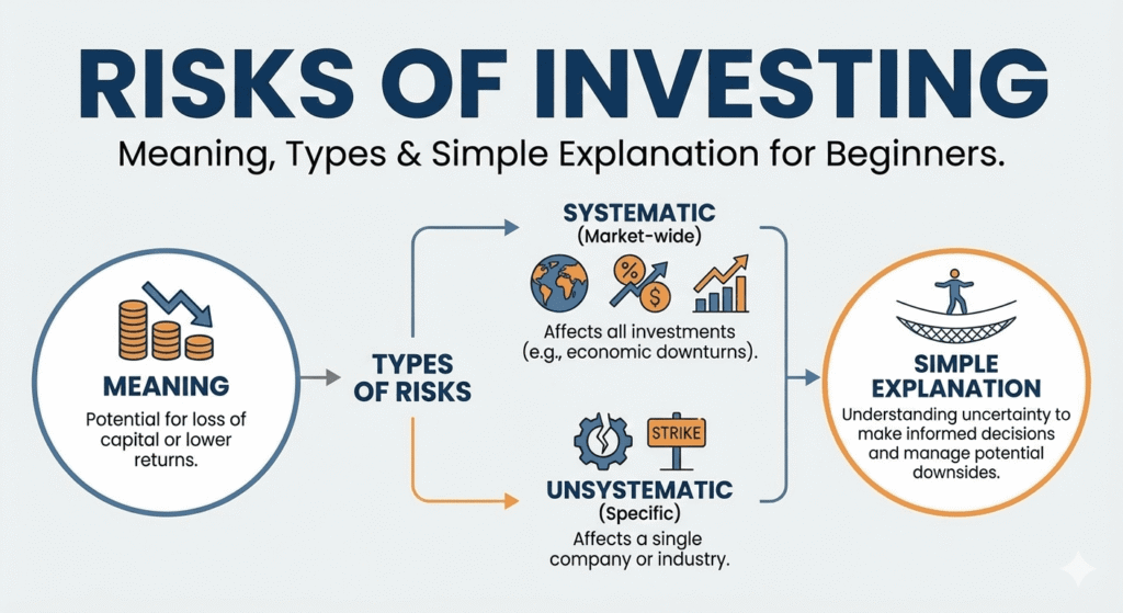Diagram explaining systematic market-wide risks and unsystematic specific risks using icons for economy and industry.