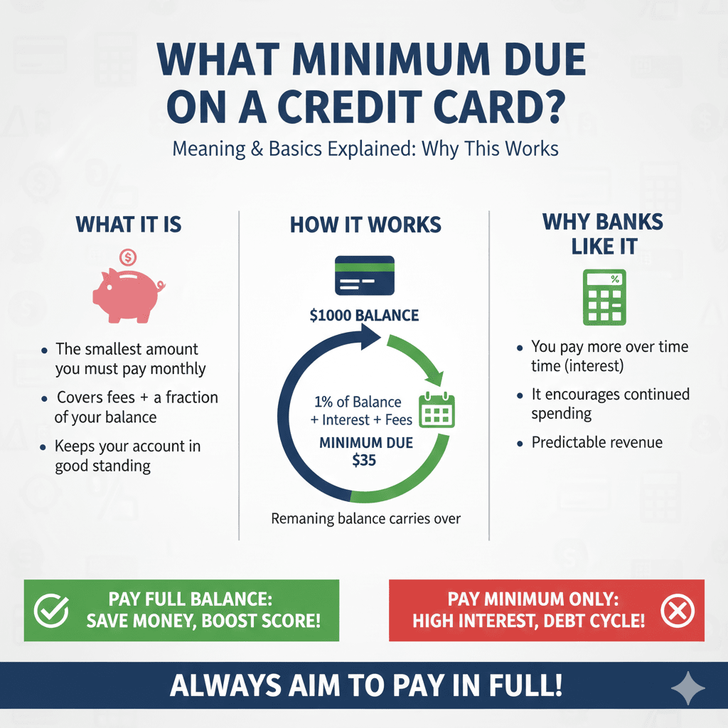 An infographic titled "What Minimum Due on a Credit Card?" It explains that it is the smallest amount required to keep an account in good standing. A diagram shows a $1,000 balance where a $35 minimum payment (1% of balance + interest) results in the remaining balance carrying over. It warns that paying only the minimum leads to a high-interest debt cycle.
