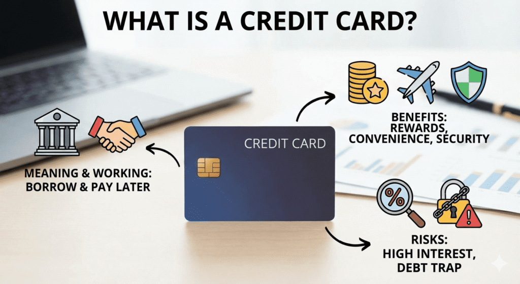 An educational infographic titled "What Is a Credit Card?" illustrating the "Borrow & Pay Later" mechanism, benefits like rewards and security, and risks such as high interest and debt traps.