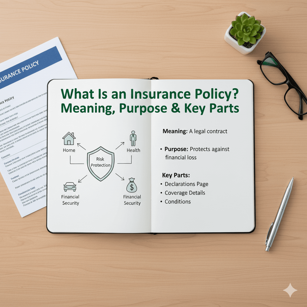 A notebook titled "What is an Insurance Policy?" on a desk with a protective shield icon and house/car symbols.