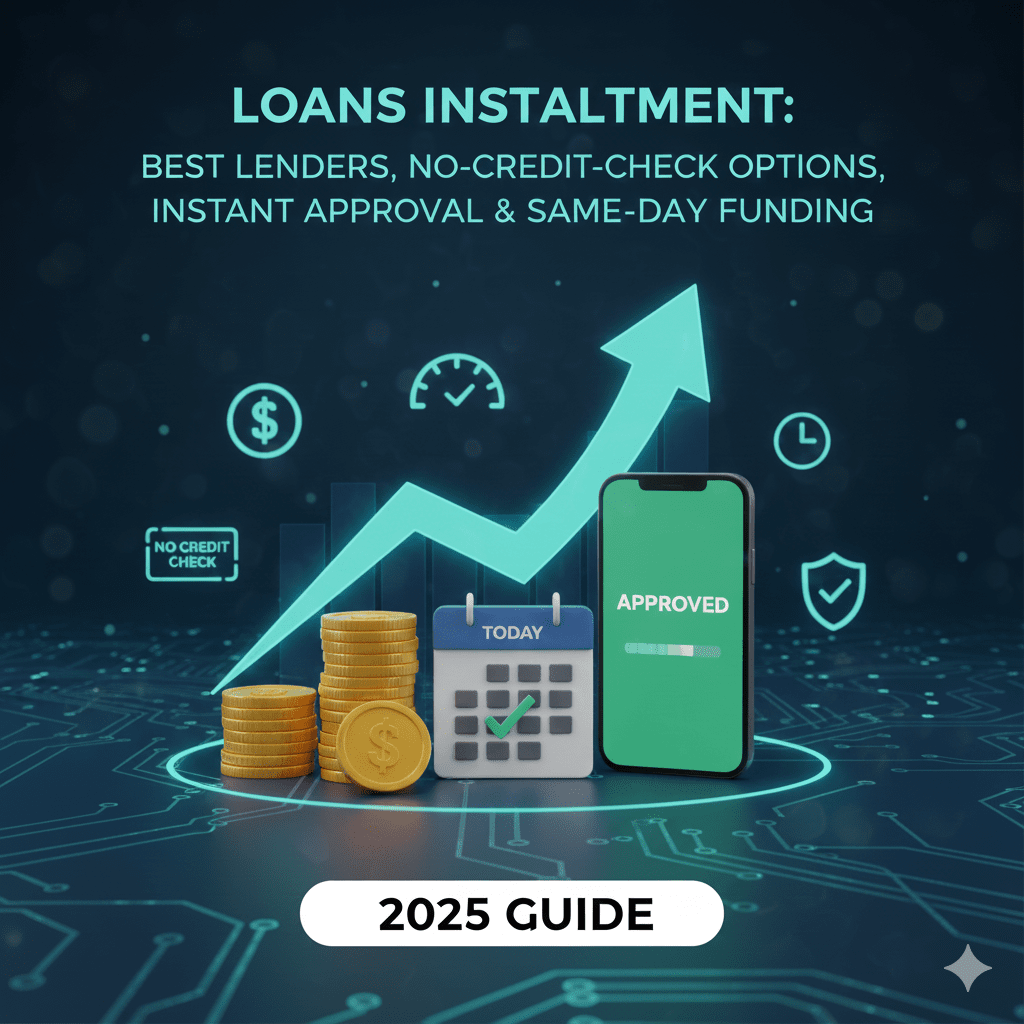 Professional graphic illustrating fast loan approval with a hand holding a phone displaying 'Approved' next to stacked coins, representing installment loans, instant funding, and a 2025 guide to lending options