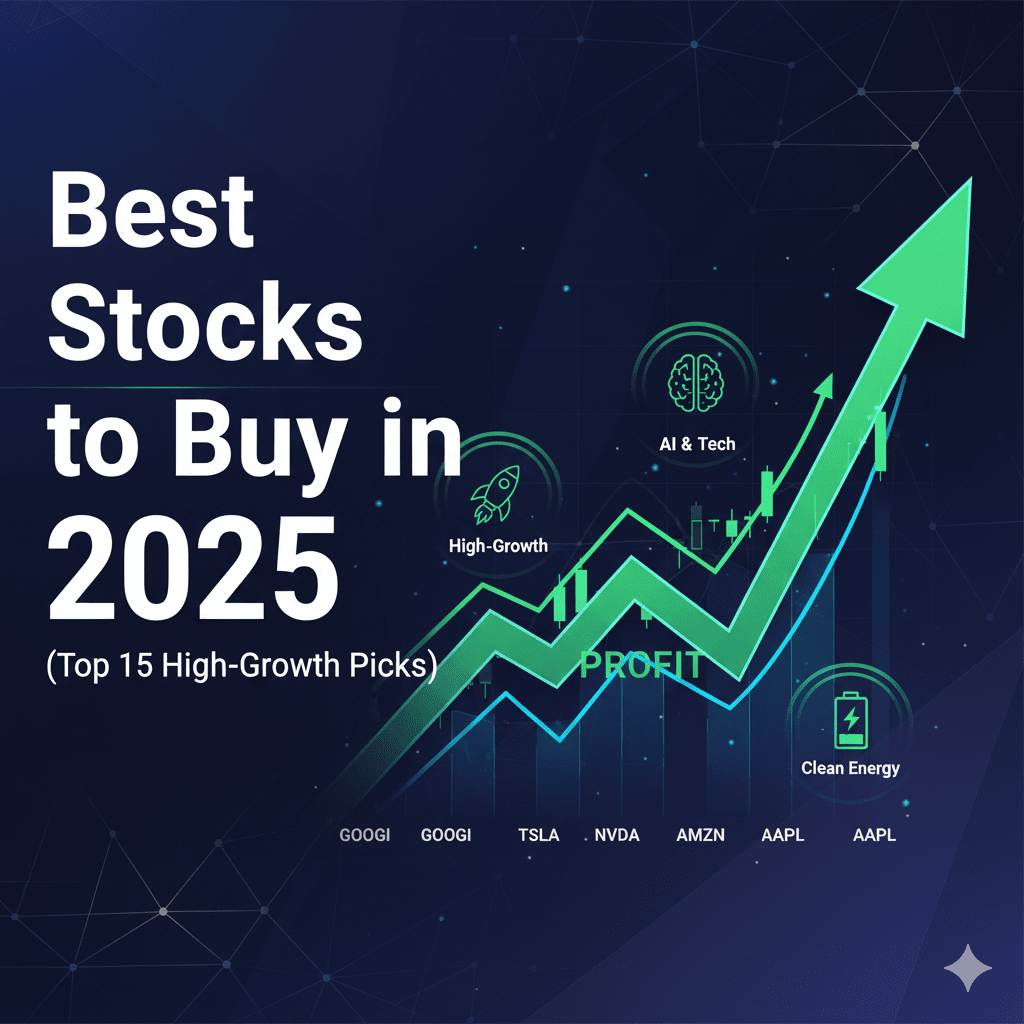 Illustration of rising stock market chart showing high-growth, AI, tech, and clean-energy trends for 2025.