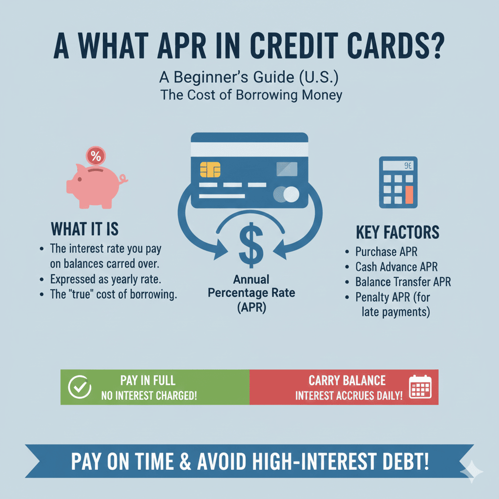 An infographic titled "Understanding APR" showing a "Purchase Balance" vs. "Interest Charges." It illustrates how interest is calculated using a daily periodic rate (APR ÷ 365) and highlights that paying in full avoids interest entirely.