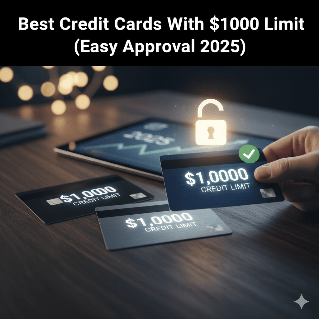 Credit cards with 1000 limit shown on a table with approval icon.
