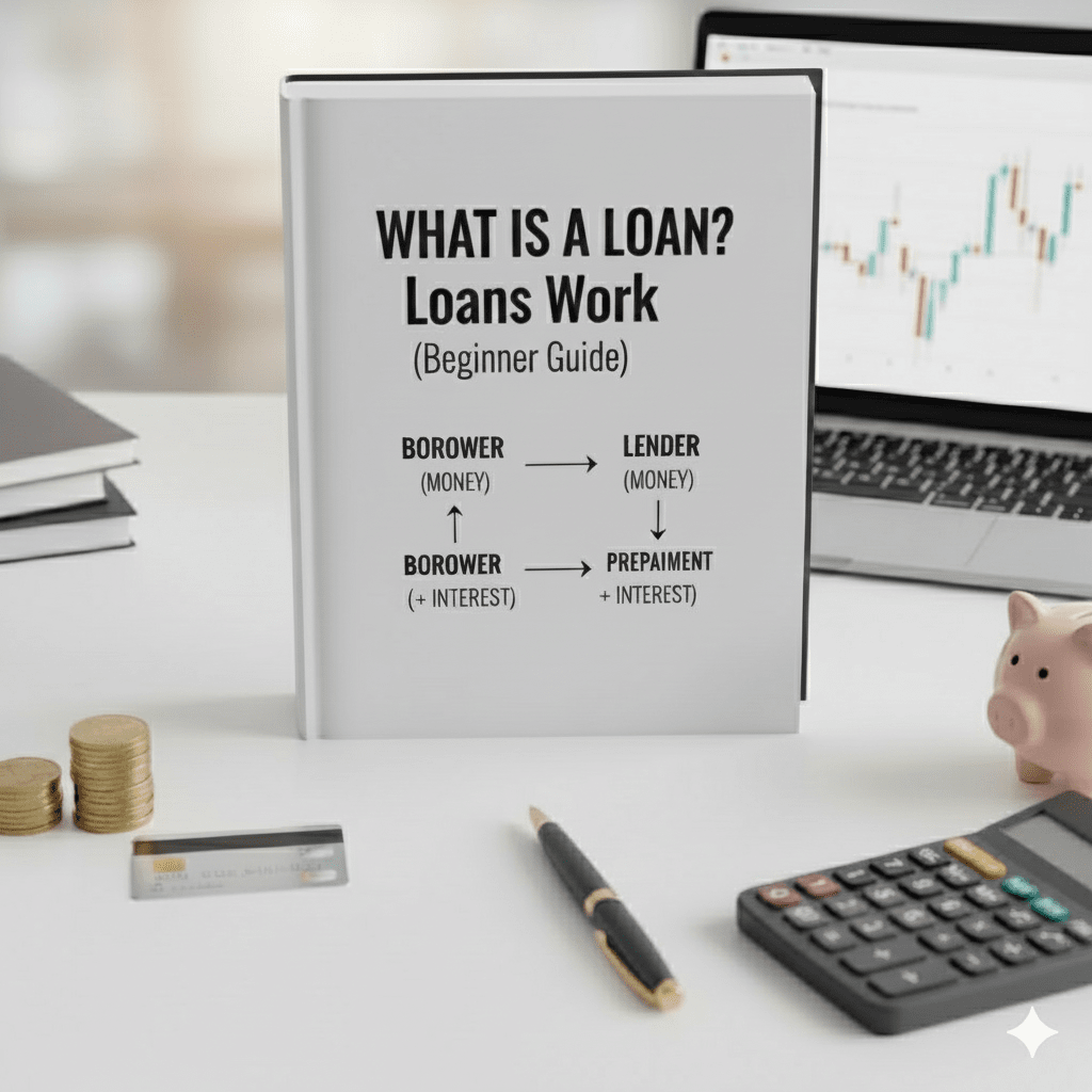 A professional desk setup featuring a book titled "What Is a Loan?" facing forward, alongside a laptop showing financial charts, a calculator, and gold coins.