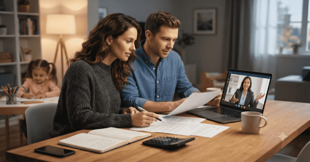 A family compares insurance plans and reviews policy documents before choosing the right insurance coverage.