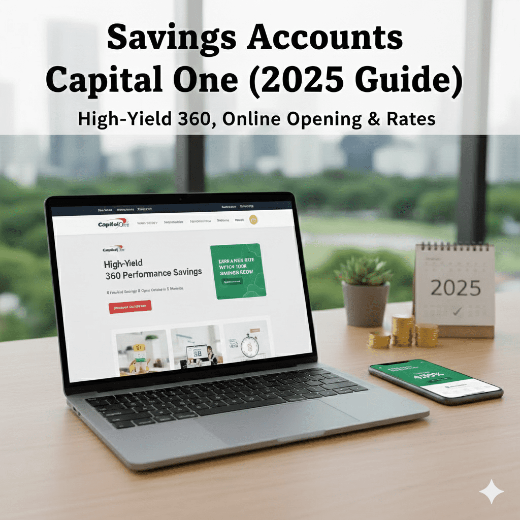 Laptop showing the Capital One 360 Performance Savings website next to a 2025 calendar, gold coins, and a smartphone, symbolizing high-yield savings and online banking.