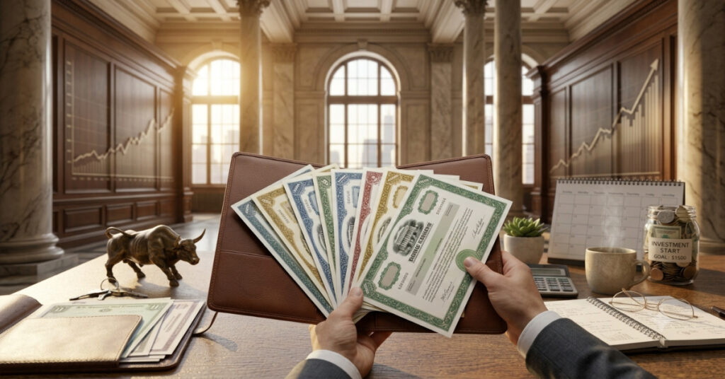 Generic bond certificates inside a leather briefcase on a park bench beneath a large oak tree, symbolizing stable long-term bond investing and financial security.