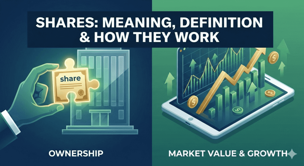 Illustration split into two panels showing a hand holding a gold puzzle piece representing company ownership and a digital tablet displaying stock market growth charts.