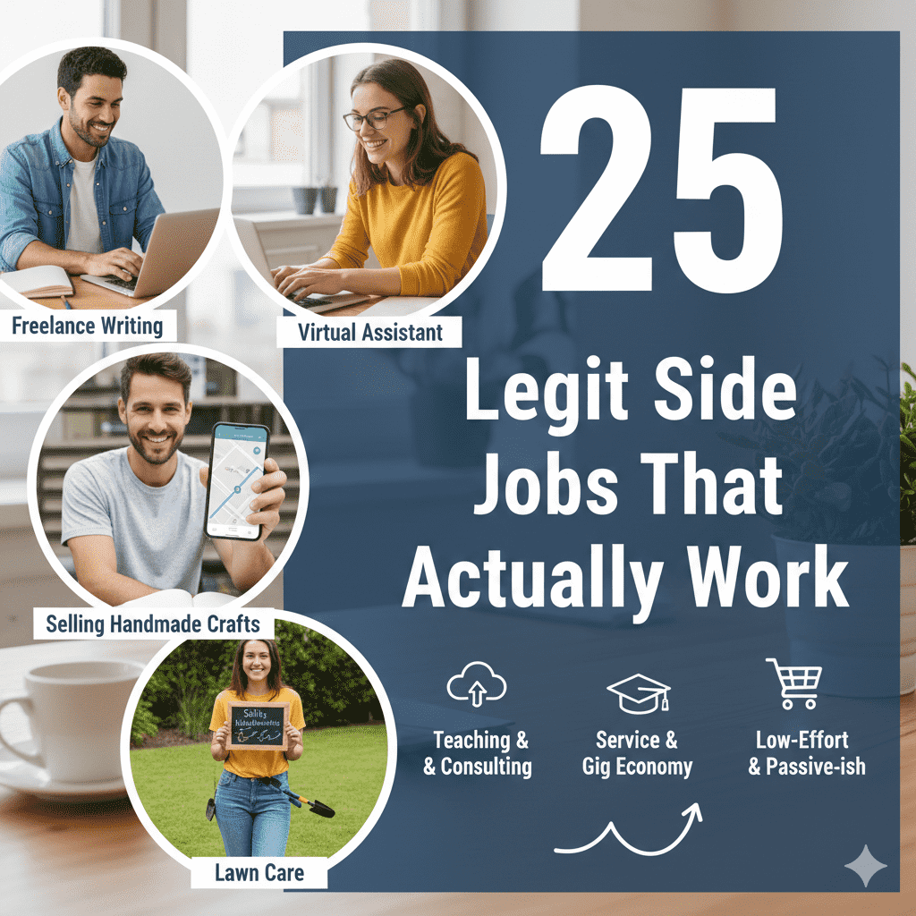 25 legit side jobs that actually work in 2025 including freelance writing, virtual assistant, selling handmade crafts, and lawn care