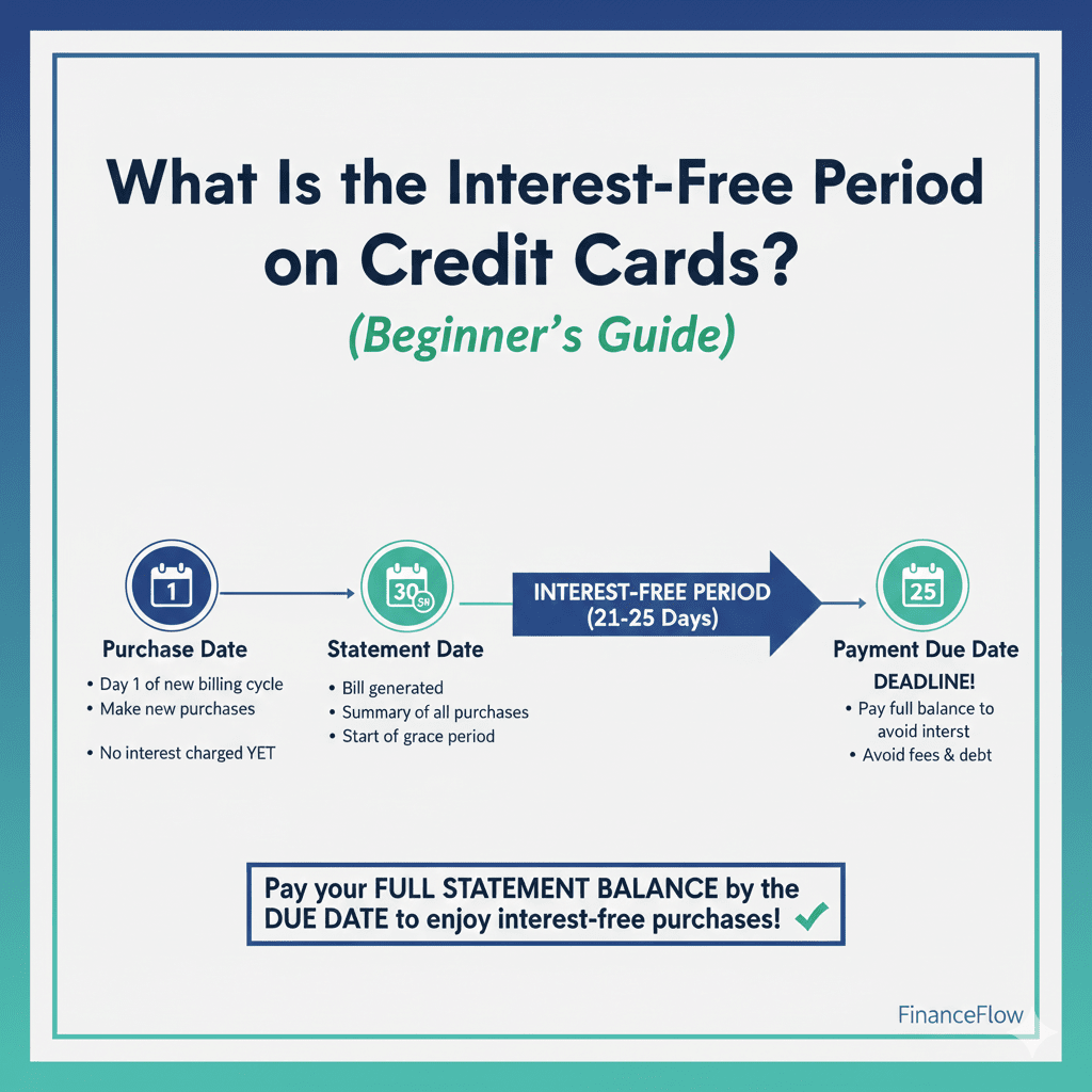 An educational infographic titled "Interest-Free Period." The image shows a horizontal timeline split into two parts: a 30-day "Billing Cycle" and a 25-day "Grace Period." At the start of the timeline, there is a credit card icon representing a purchase. At the end (Day 55), there is a calendar icon marked "Payment Due Date." A large green checkmark indicates that if the balance is paid by Day 55, the interest charged is 0%.