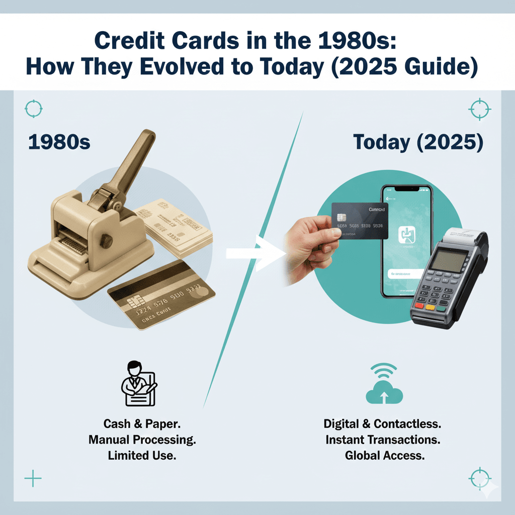 Comparison of credit cards in the 1980s vs 2025 showing manual processing machines and modern digital contactless payments
