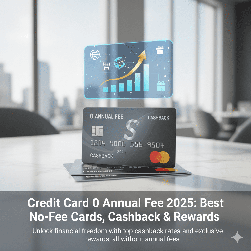 Image of a credit card stack displaying '0 Annual Fee' and 'Cashback 2025' on the top card, with a digital chart showing upward growth and rewards icons in the background.