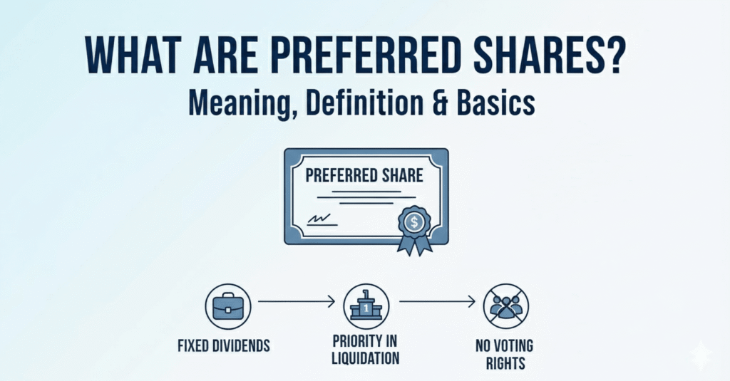 An infographic defining preferred shares with a stock certificate icon leading to three key characteristics: fixed dividends, liquidation priority, and no voting rights.