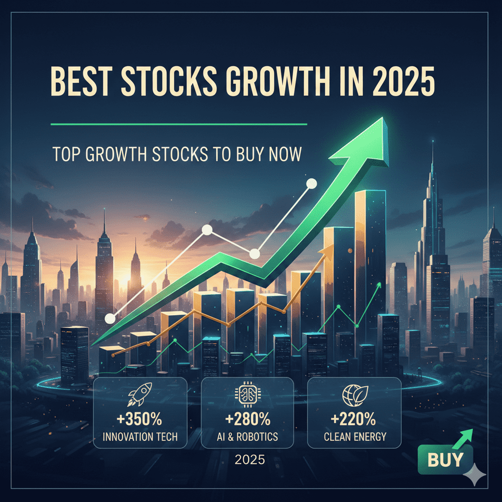 Best stocks growth in 2025 showing top growth stocks to buy now with rising stock chart, AI, innovation tech, and clean energy sectors.