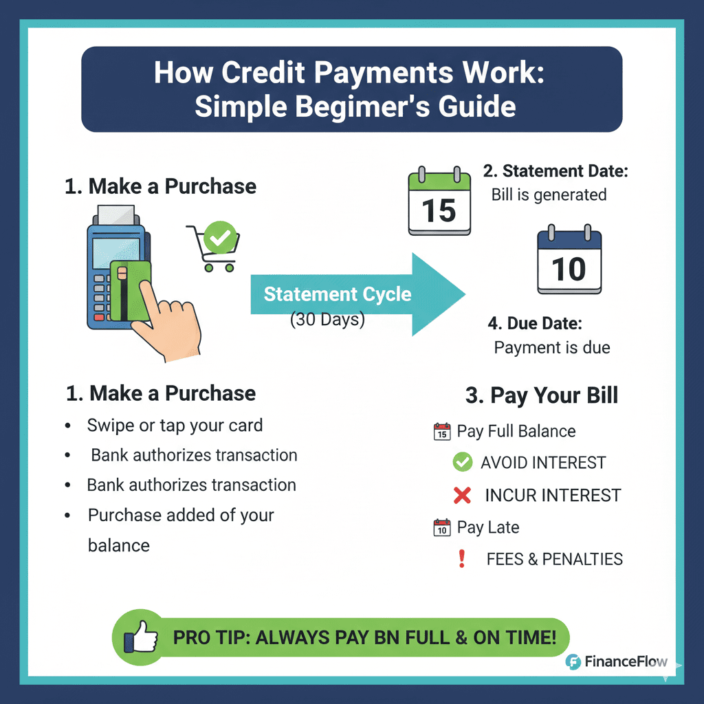 A clean infographic titled "How Credit Card Payments Work."
