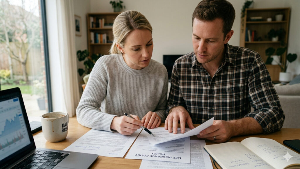 Couple reviewing insurance policy documents at home with financial planning discussion
