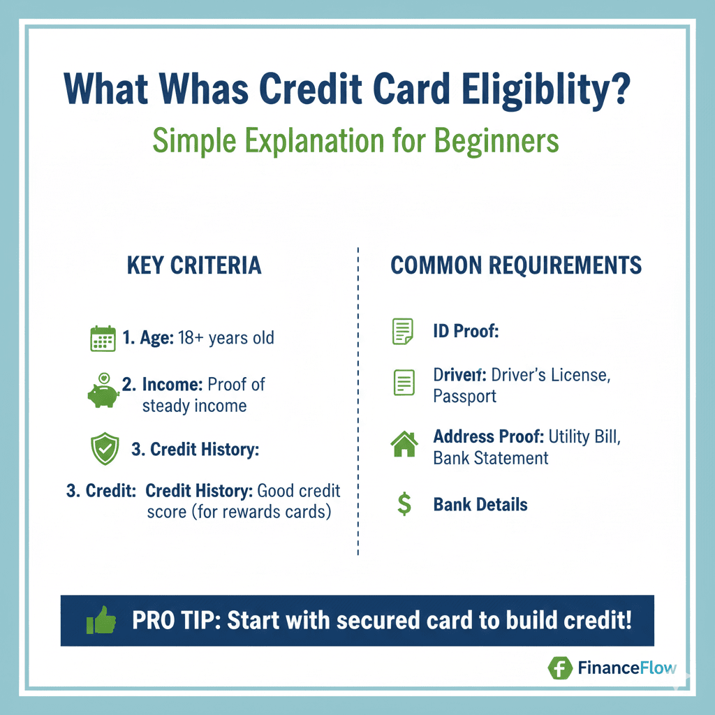 An infographic featuring a checklist style. A central credit card icon is surrounded by five circles. Each circle contains an icon and label: "18+ Years Old," "Stable Income," "750+ Credit Score," "1 Year Employment," and "Identity Proof." A green "Approved" stamp is shown at the bottom