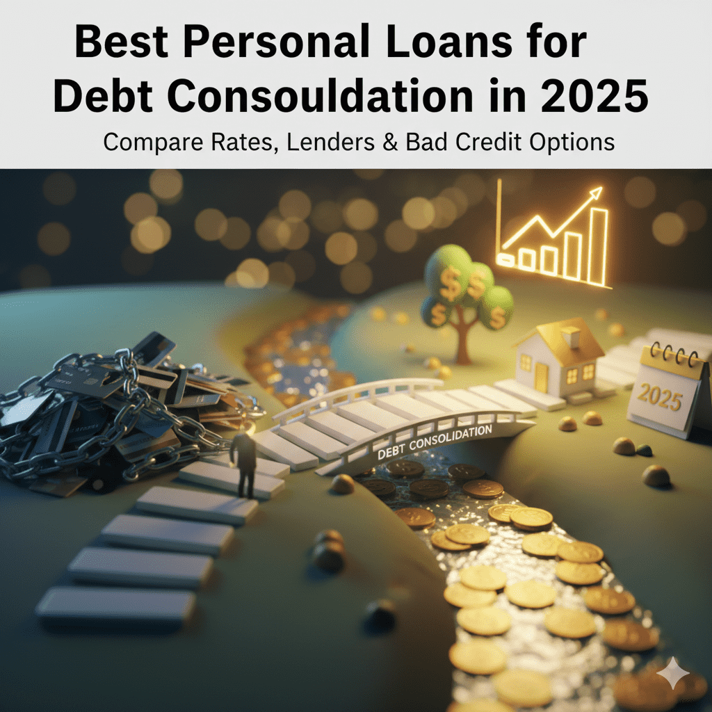 A stylized 3D render illustrating the debt consolidation journey: a stream of credit cards held by chains leads to a small bridge labeled 'DEBT CONSOLIDATION', which a small figure is crossing toward a river of gold coins, a house, a money tree, and a glowing financial bar chart.