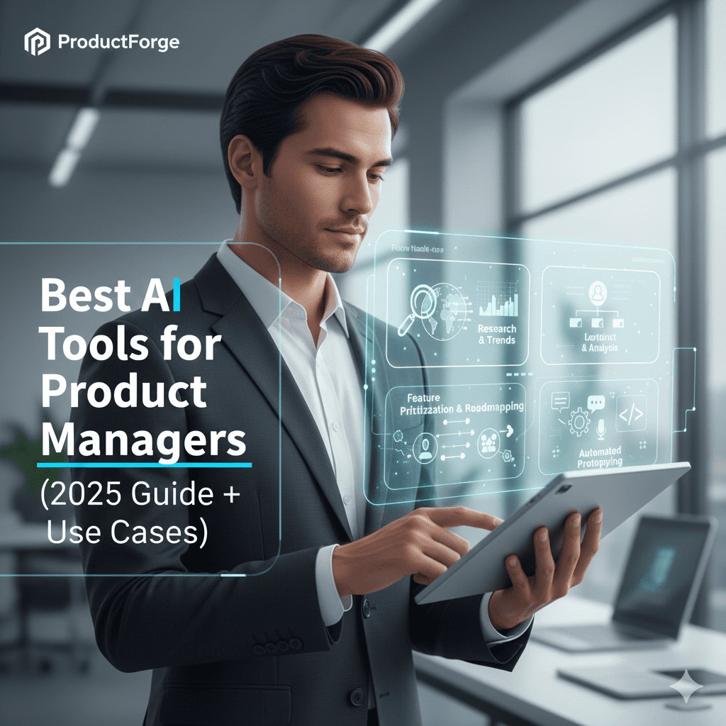 A male Product Manager in a suit interacts with a holographic interface on a tablet, displaying key AI functions: Research & Trends, Data & Analysis, Feature Prioritization & Roadmapping, and Automated Prototyping, next to the title "Best AI Tools for Product Managers (2025 Guide + Use Cases).